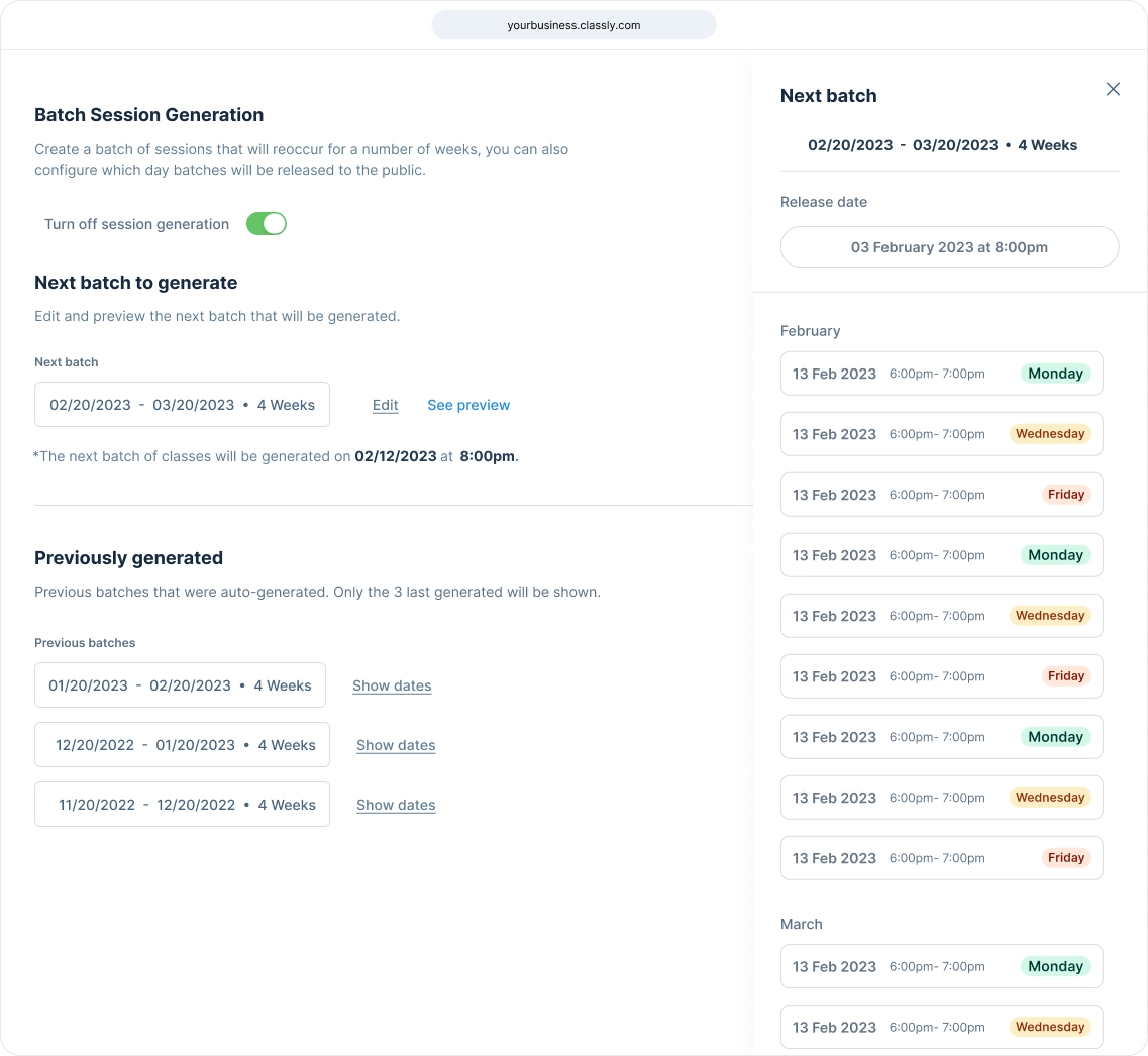 Classly admin dashboard showing an edit course page where you can edit registration dates and roster settings