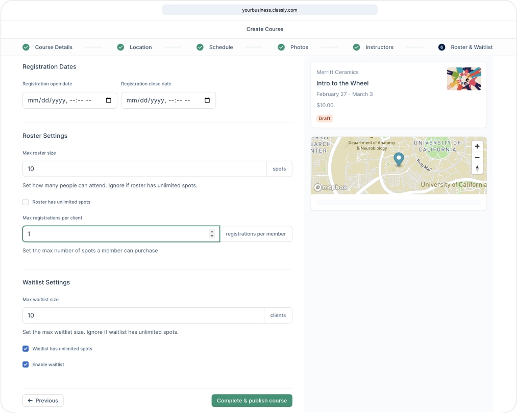 Classly admin dashboard showing an edit course page where you can edit registration dates and roster settings