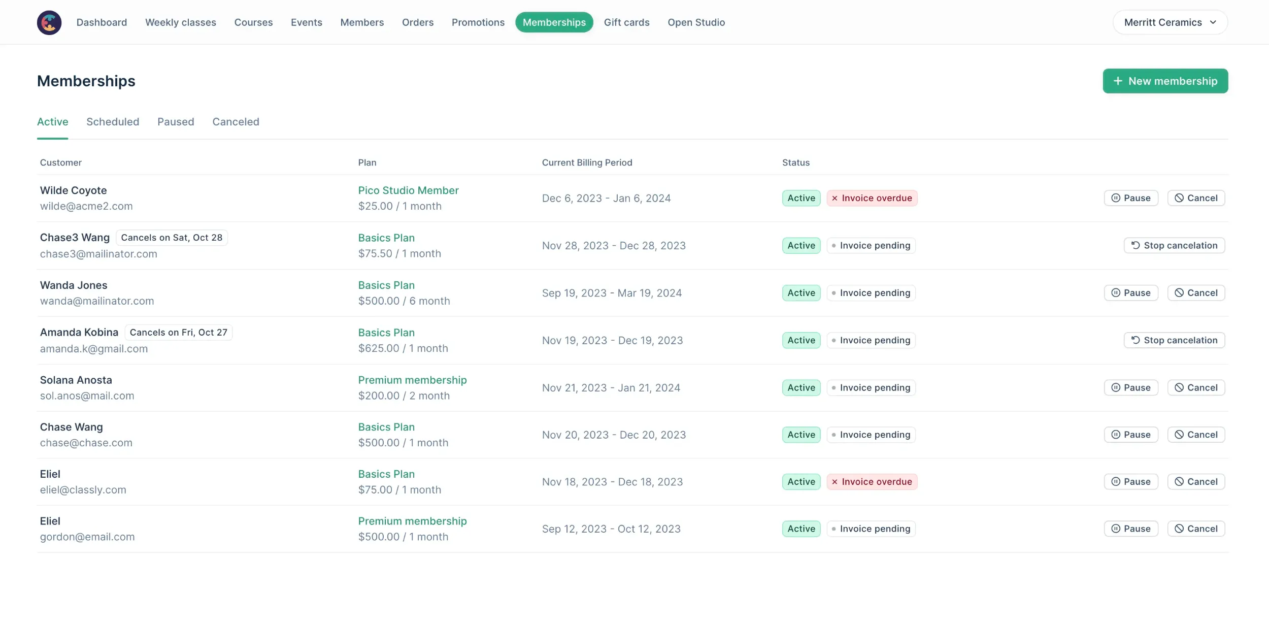 Membership management dashboard