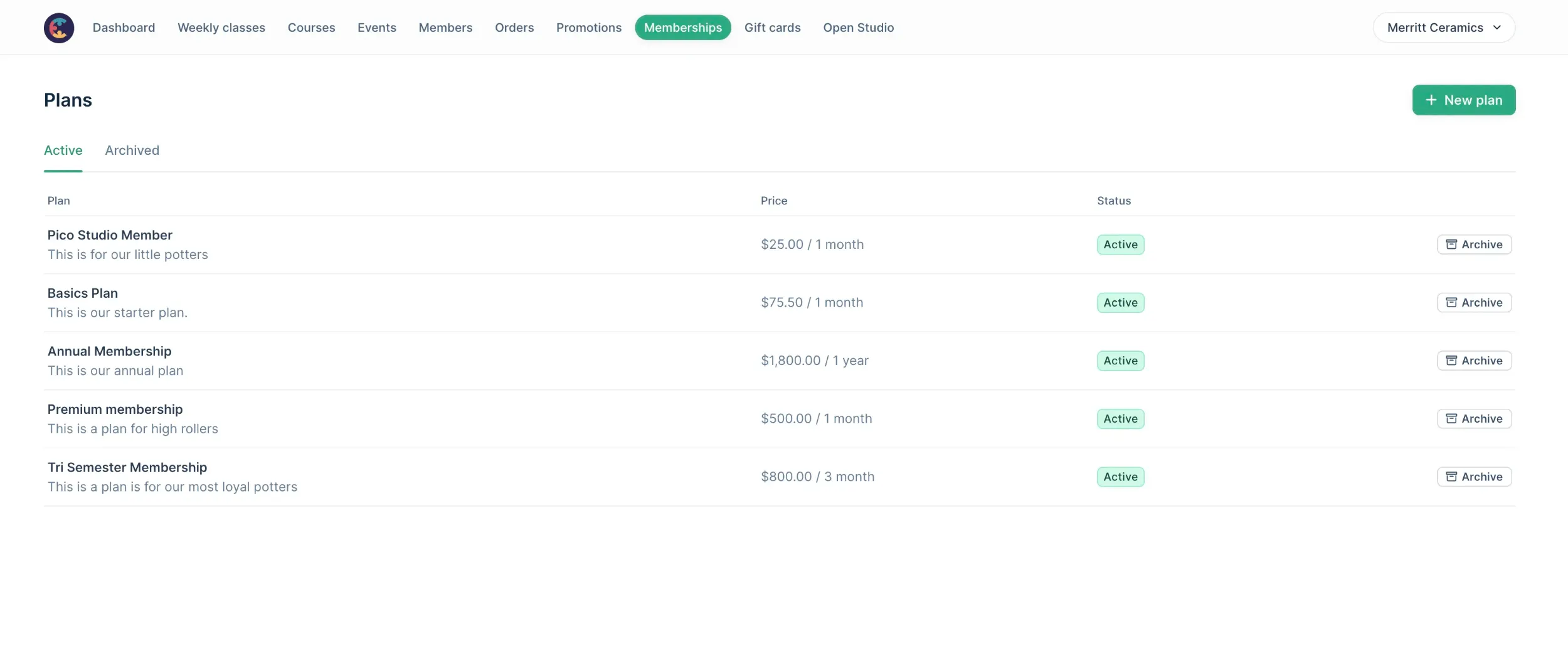 Membership plans showing active and archived plans
